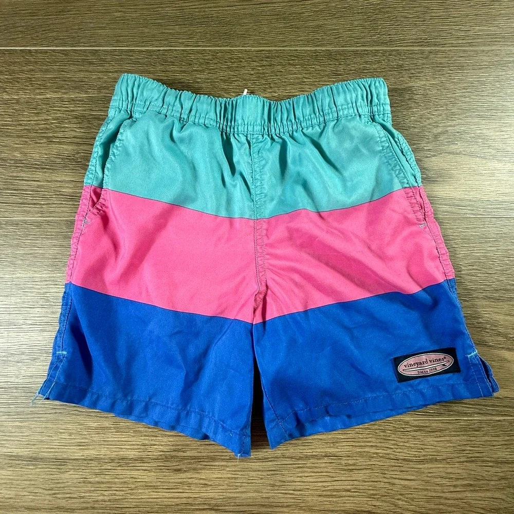 Vineyard Vines Boys Swim Trunks Size 7 Colorblock Teal Pink Blue Mesh Lined